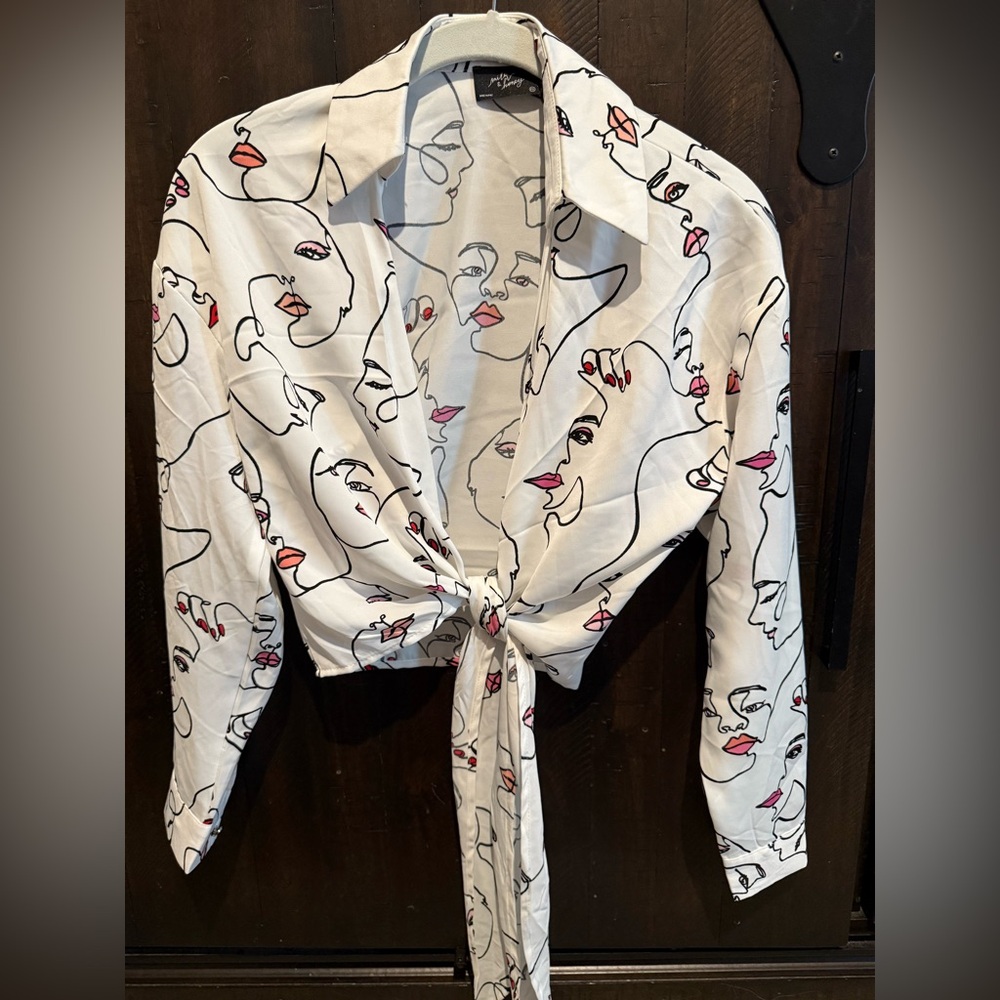 Milk and Honey Abstract Face Print Tie-Front Shirt